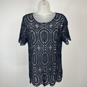 Bedford Fair Top Crochet Blue Open Knit Short Sleeve Women's M